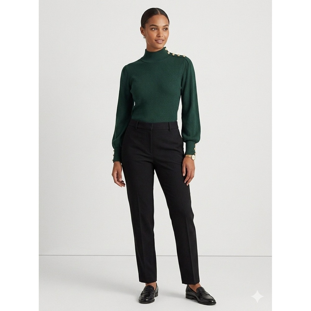 Lauren Ralph Lauren Green Ribbed Mock Neck Sweater Gold Button Detail XL